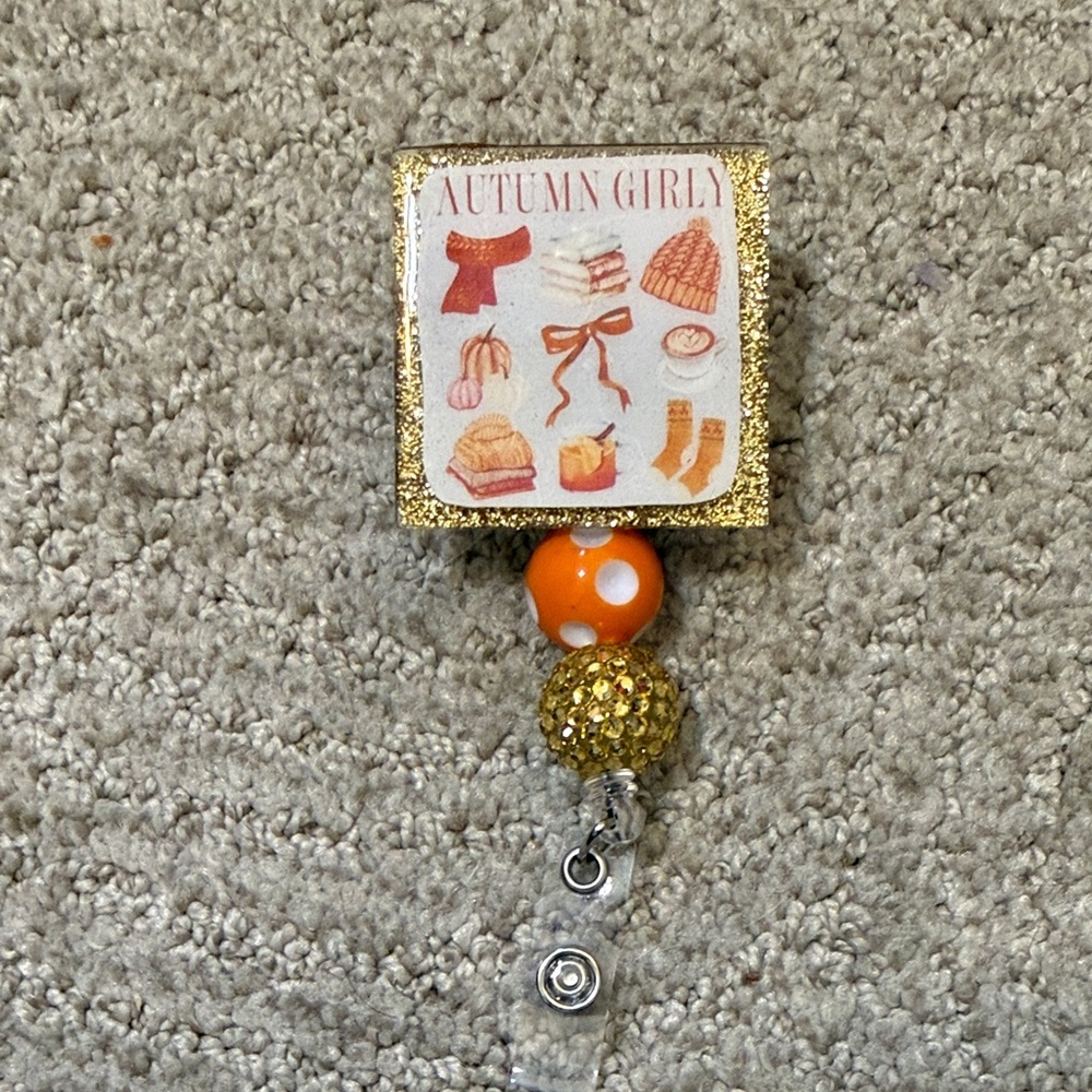 Autumn Girl Badge Reel with Gold and Orange Beads